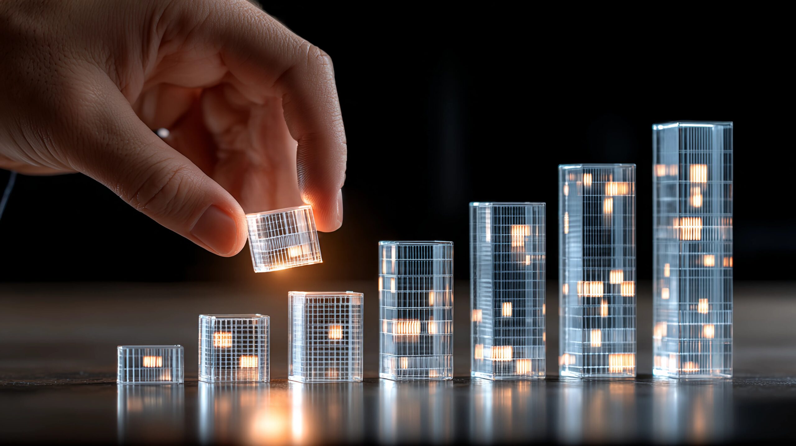Hand placing glowing building block on growing bar graph of abstract buildings representing future growth