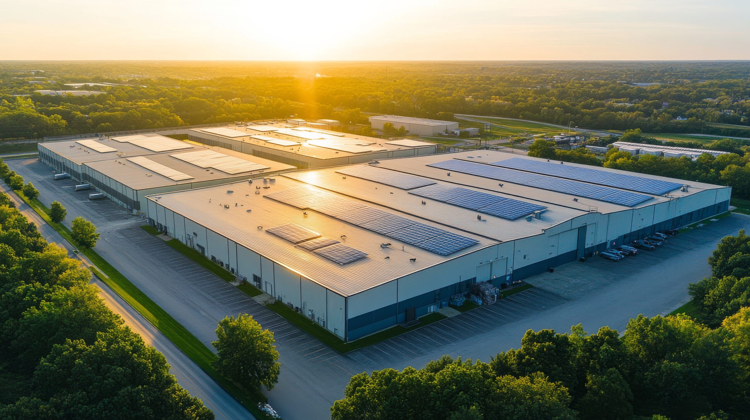 A vast warehouse complex showcases solar panels reflecting sunlight, nestled among trees and grassy areas during a picturesque sunset in an industrial zone